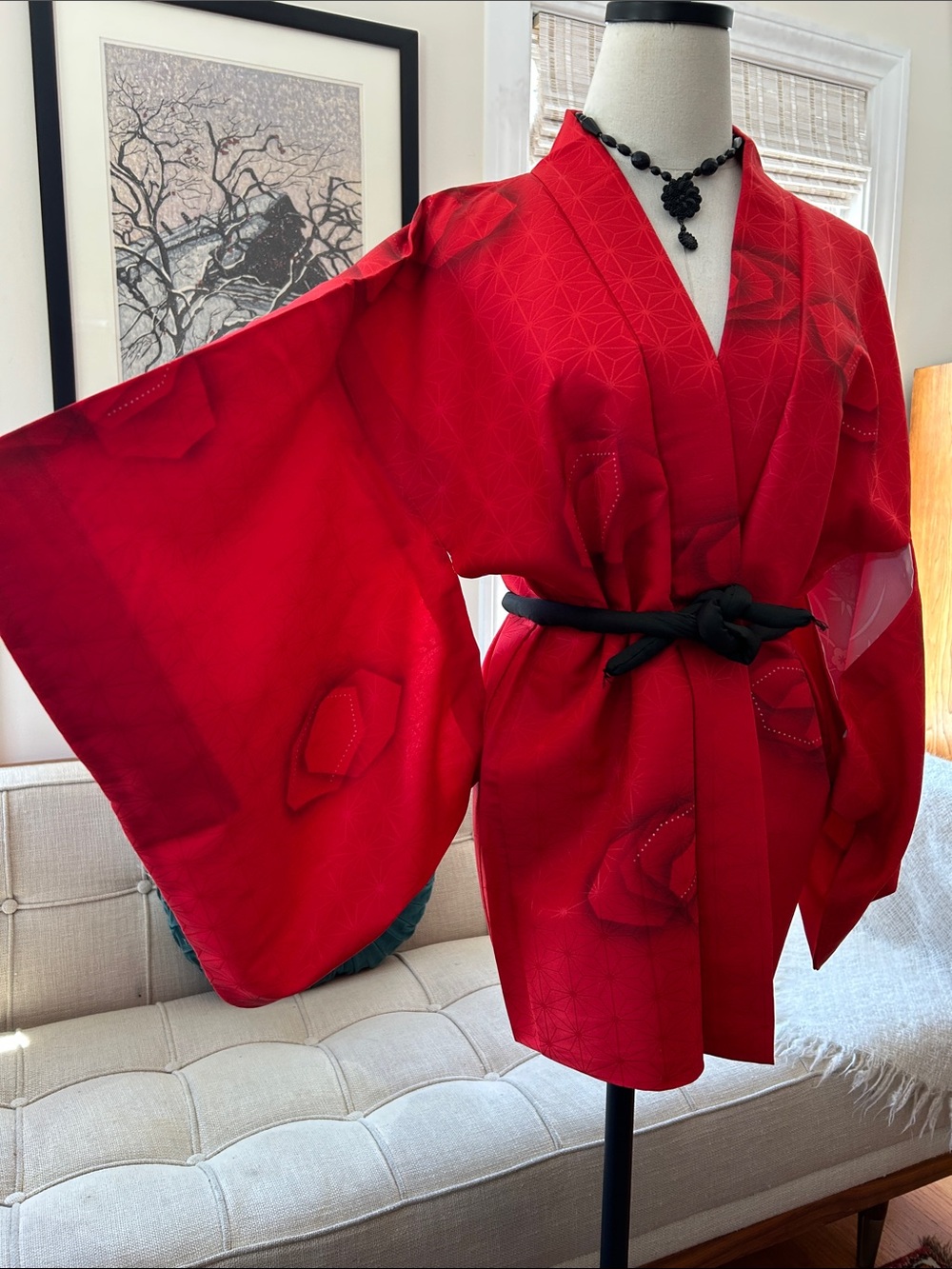 Stunning Red Silk Haori Kimono Jacket, , Vintage